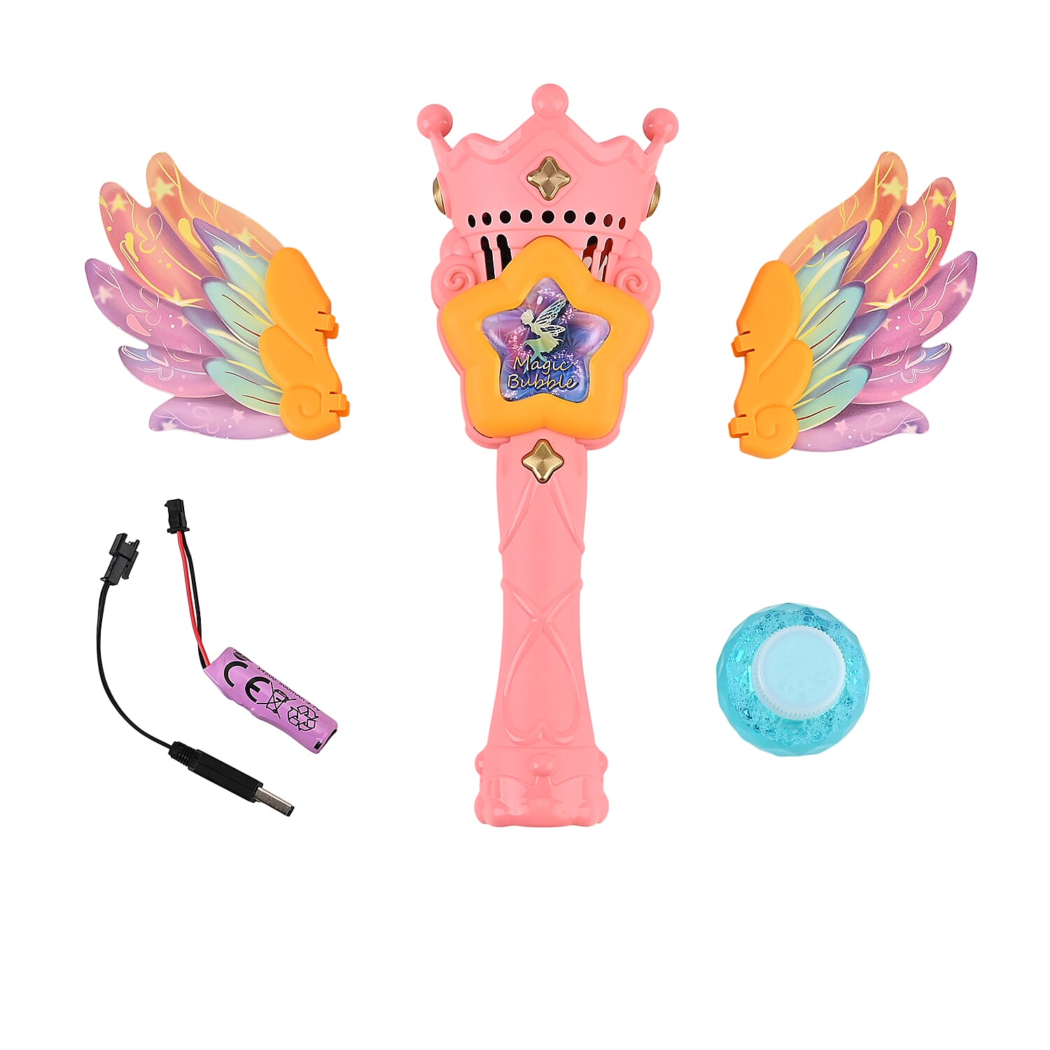 Magic Bubble Wand Toy Kit - Rechargeable Fairy Princess Bubble Machine Includes Li-ion Battery, USB Cable & 80ml Solution - Pink