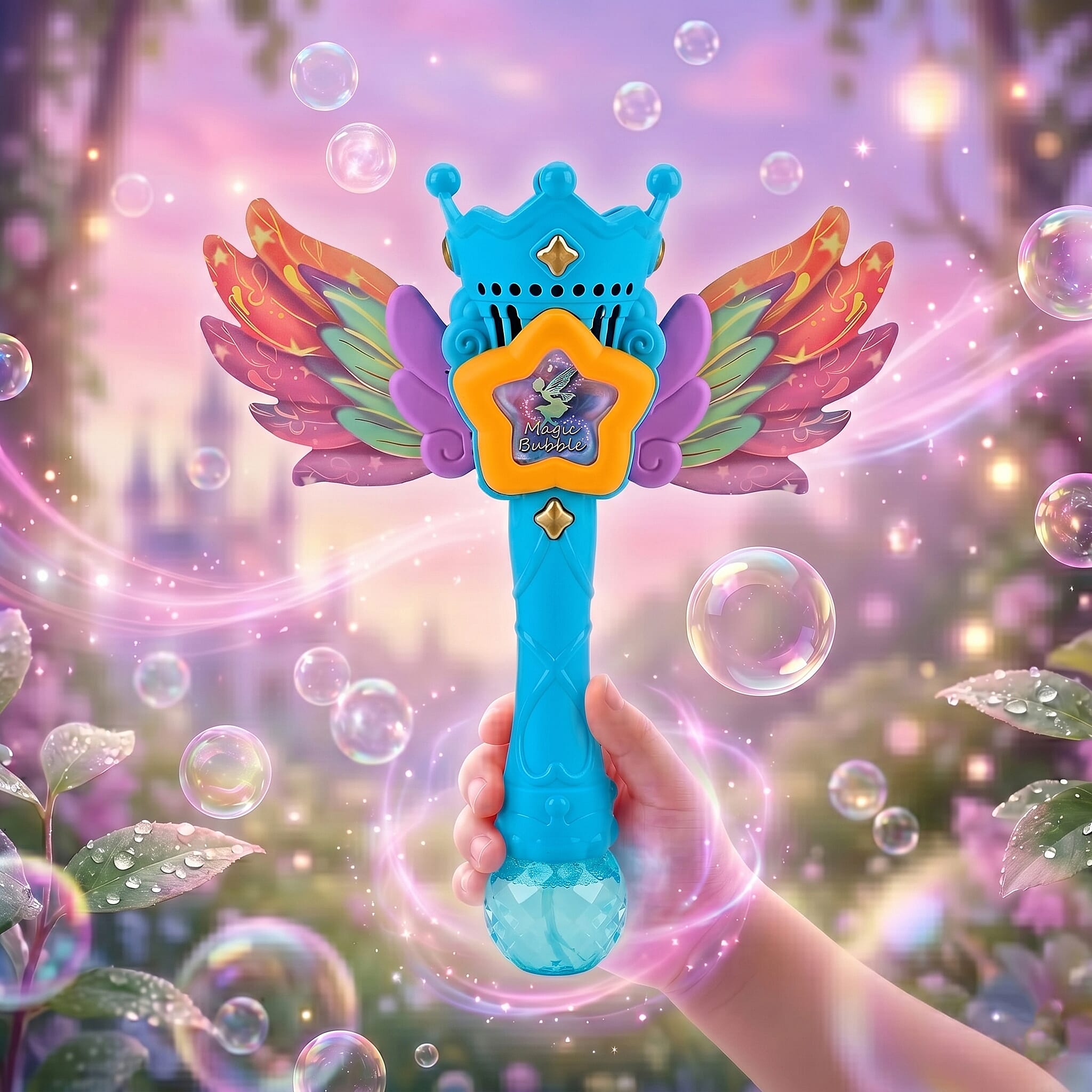 Magic Bubble Wand Toy Kit - Rechargeable Fairy Princess Bubble Machine Includes Li-ion Battery, USB Cable & 80ml Solution - Blue & Multicolor