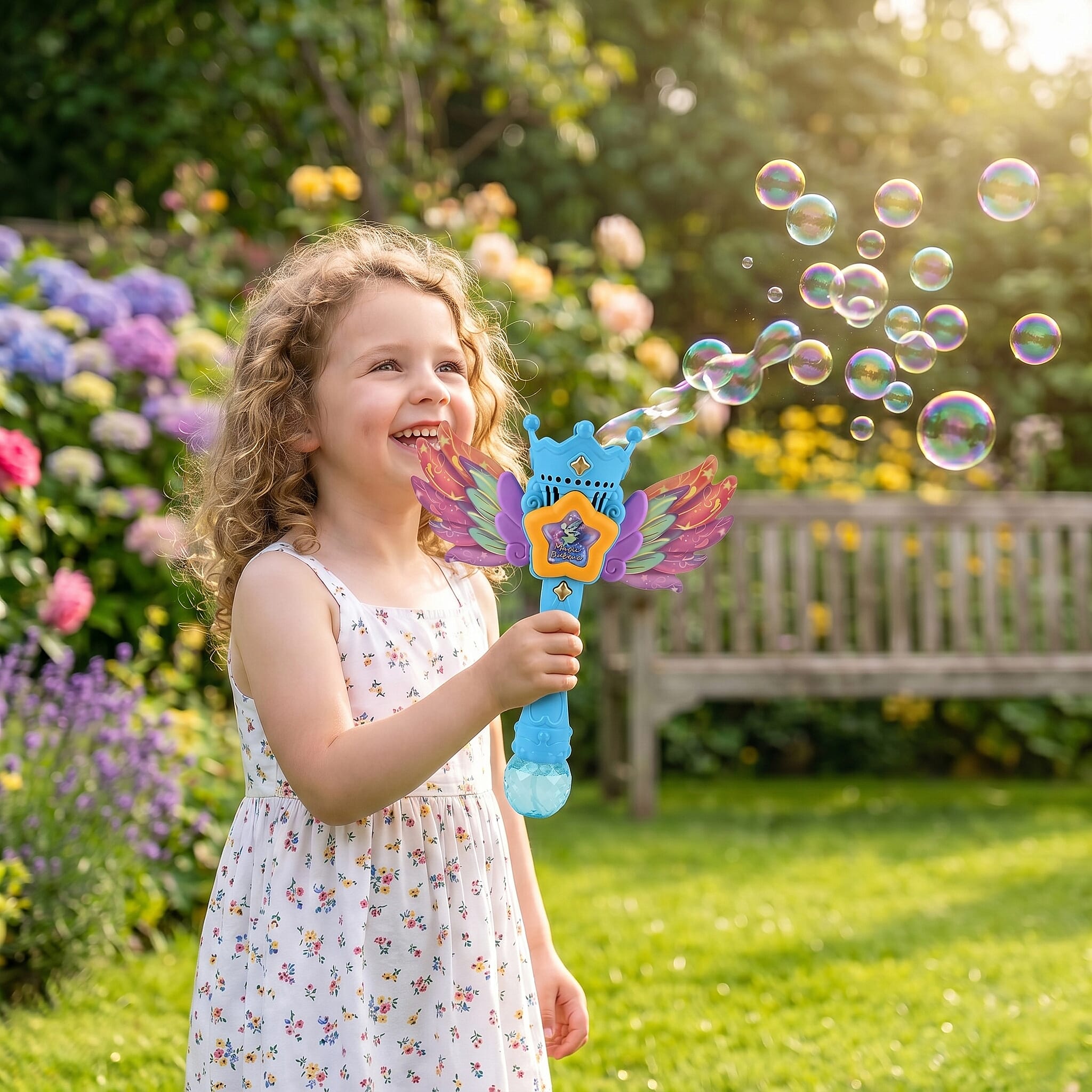 Magic Bubble Wand Toy Kit - Rechargeable Fairy Princess Bubble Machine Includes Li-ion Battery, USB Cable & 80ml Solution - Blue & Multicolor