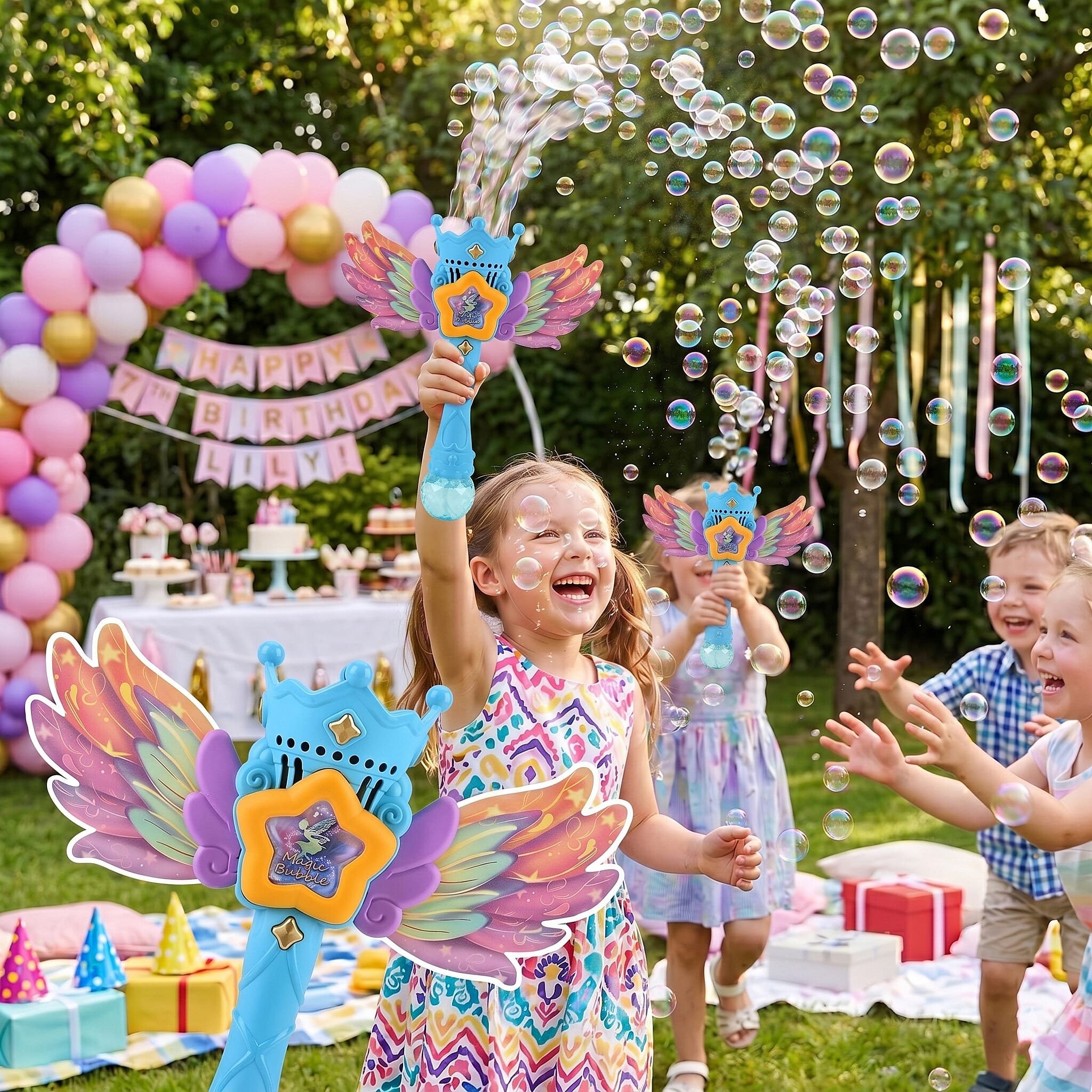 Magic Bubble Wand Toy Kit - Rechargeable Fairy Princess Bubble Machine Includes Li-ion Battery, USB Cable & 80ml Solution - Blue & Multicolor