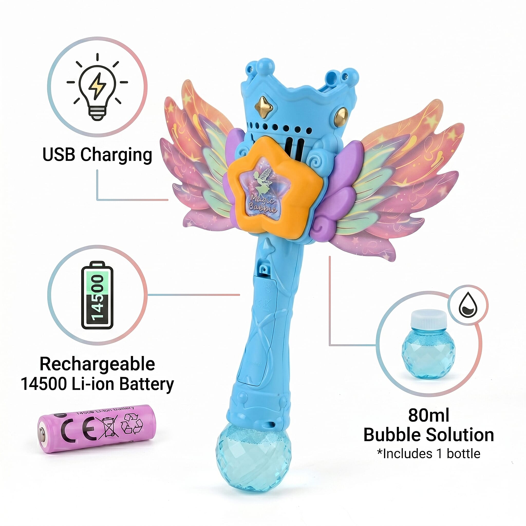 Magic Bubble Wand Toy Kit - Rechargeable Fairy Princess Bubble Machine Includes Li-ion Battery, USB Cable & 80ml Solution - Blue & Multicolor