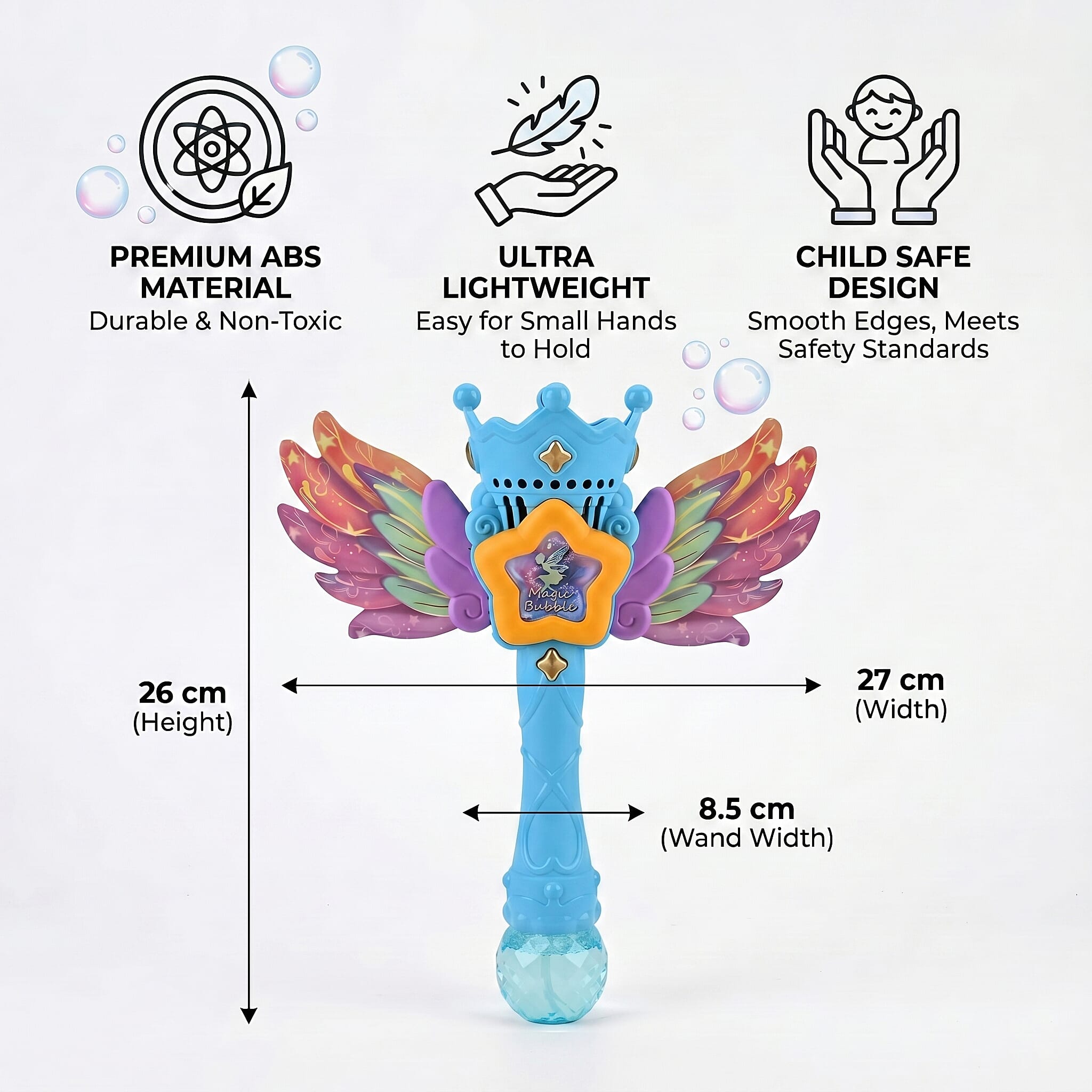 Magic Bubble Wand Toy Kit - Rechargeable Fairy Princess Bubble Machine Includes Li-ion Battery, USB Cable & 80ml Solution - Blue & Multicolor