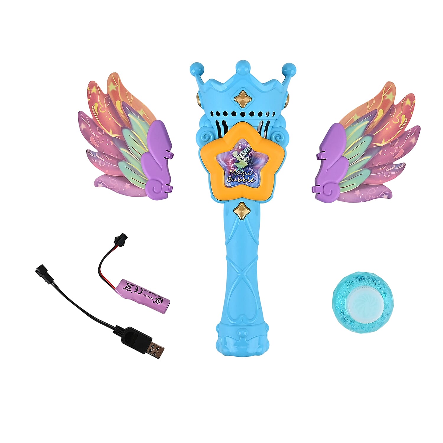 Magic Bubble Wand Toy Kit - Rechargeable Fairy Princess Bubble Machine Includes Li-ion Battery, USB Cable & 80ml Solution - Blue & Multicolor
