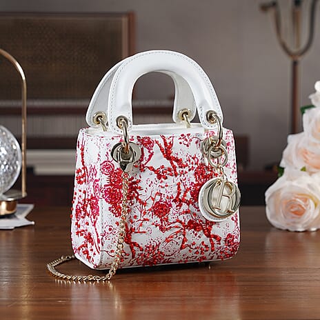 LA MAREY SIGNATURE Genuine Leather Plum Blossom Sequins Embroidery Handbag - Red & White