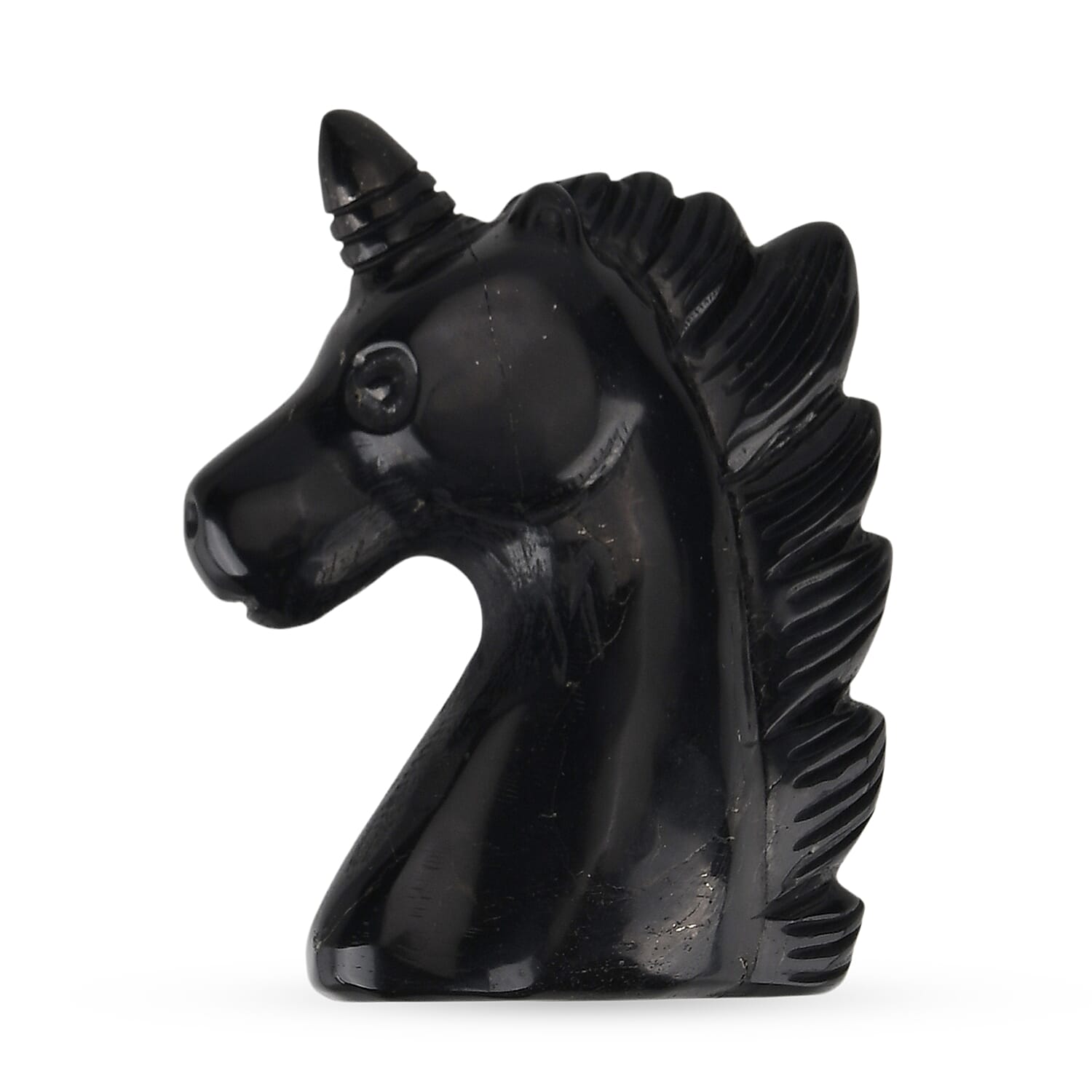 Shungite, Anthraxolite with Quartz Carving Unicorn Figurine (75mm) - Black