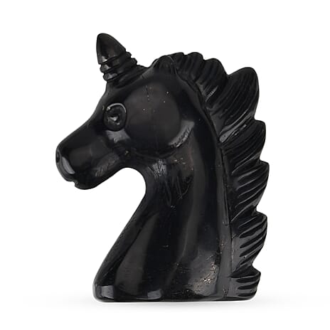 Shungite, Anthraxolite with Quartz Carving Unicorn Figurine (75mm) - Black