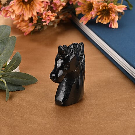 Shungite, Anthraxolite with Quartz Carving Unicorn Figurine (75mm) - Black