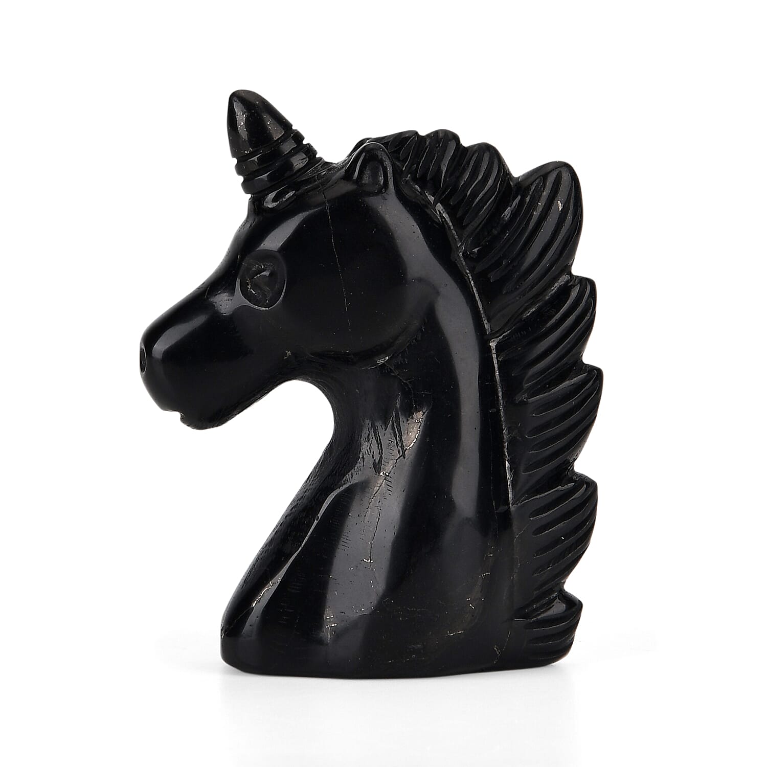 Shungite, Anthraxolite with Quartz Carving Unicorn Figurine (75mm) - Black