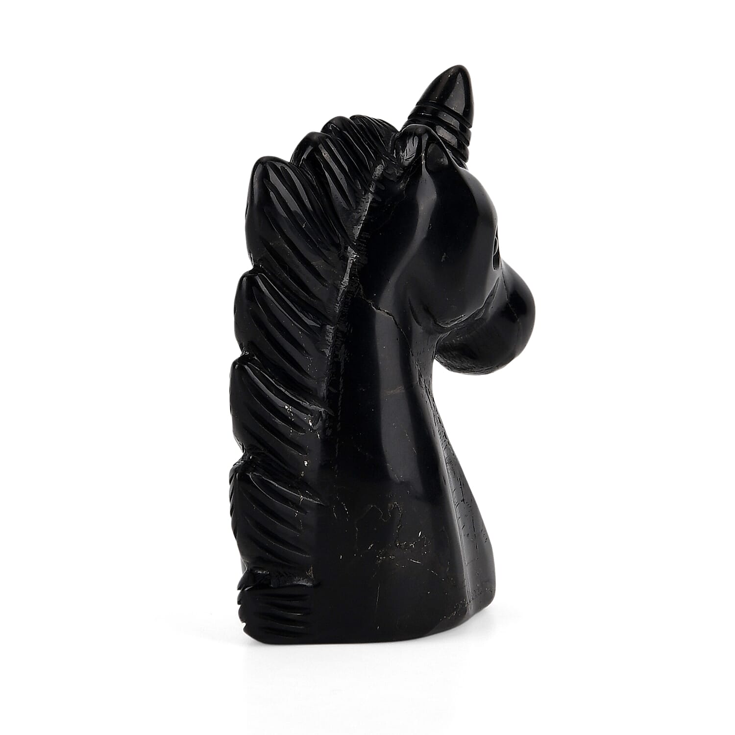 Shungite, Anthraxolite with Quartz Carving Unicorn Figurine (75mm) - Black