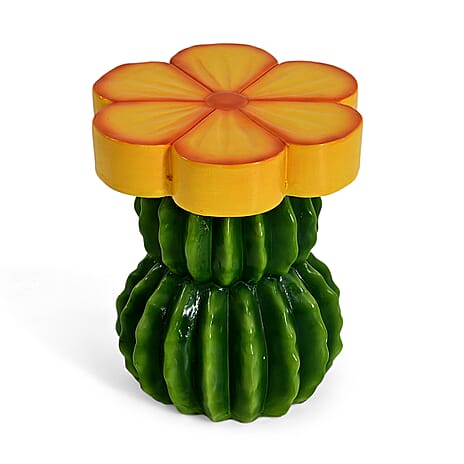 LIVMORE Sculptural Resin Flower Crown on Ribbed Saguaro Cactus Base Stool (34.5x33x40cm) - Yellow & Green
