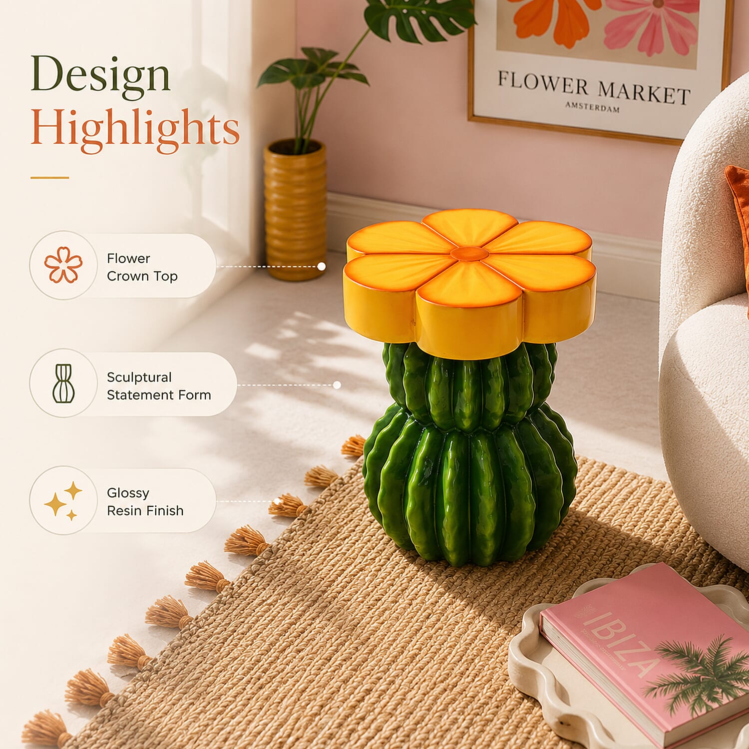 LIVMORE Sculptural Resin Flower Crown on Ribbed Saguaro Cactus Base Stool (34.5x33x40cm) - Yellow & Green