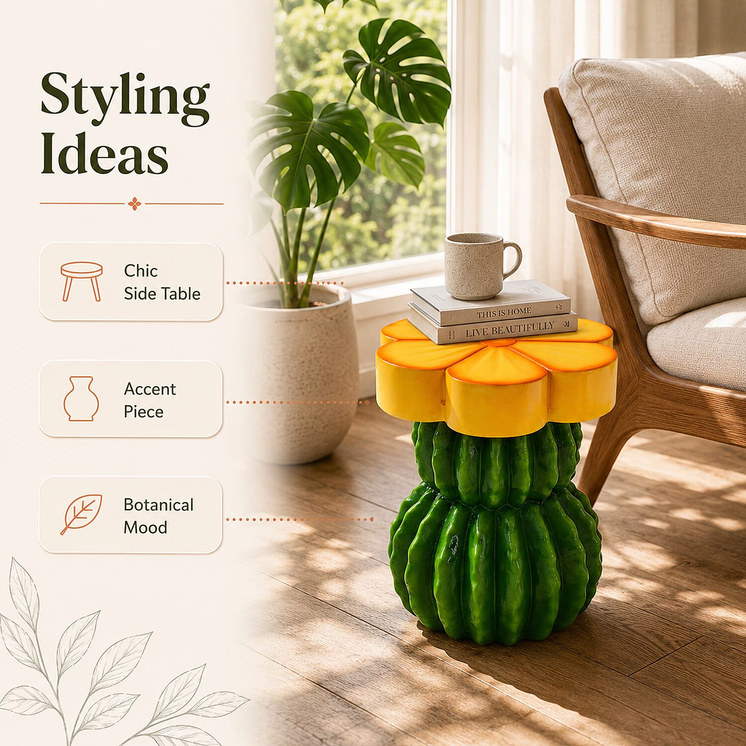 LIVMORE Sculptural Resin Flower Crown on Ribbed Saguaro Cactus Base Stool (34.5x33x40cm) - Yellow & Green
