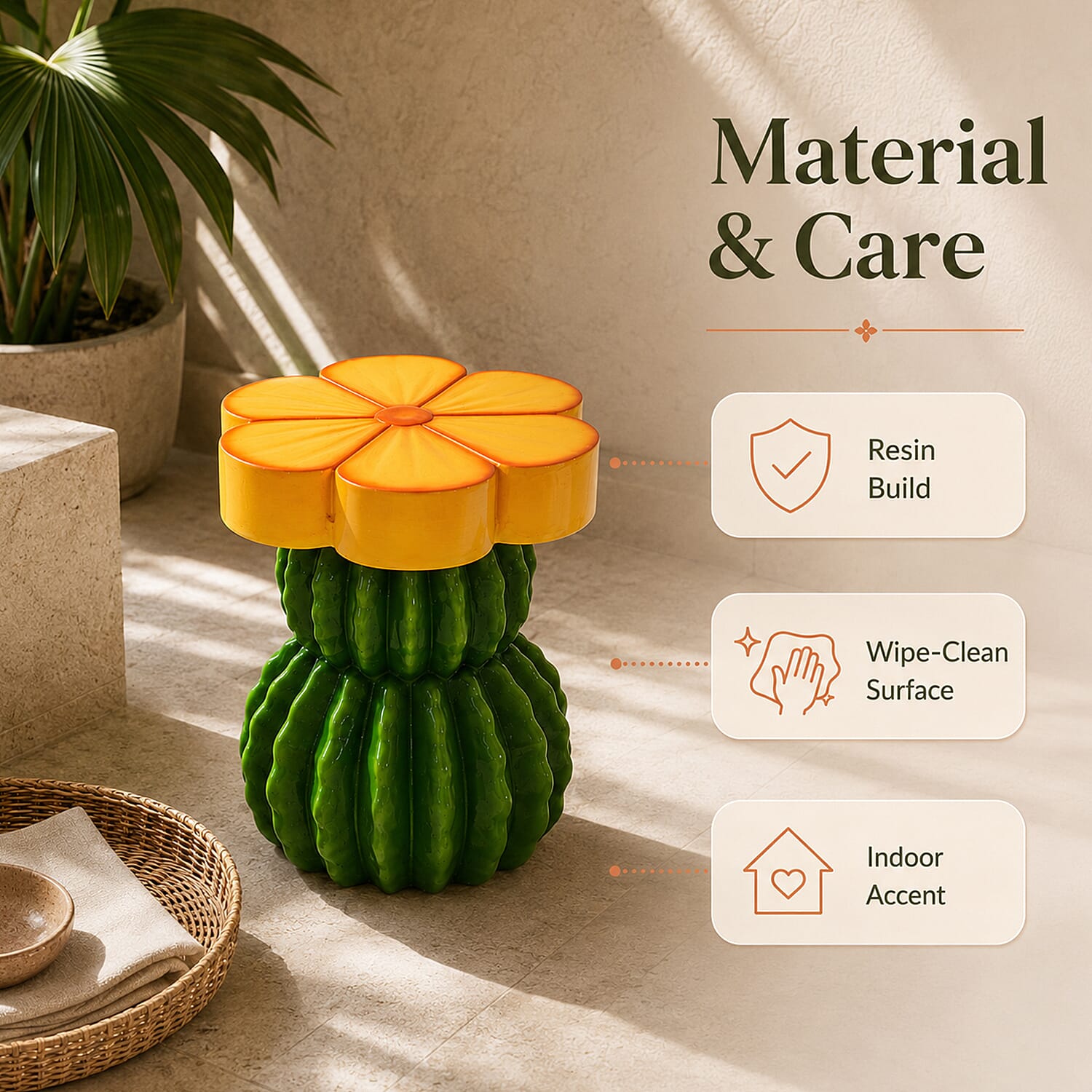 LIVMORE Sculptural Resin Flower Crown on Ribbed Saguaro Cactus Base Stool (34.5x33x40cm) - Yellow & Green