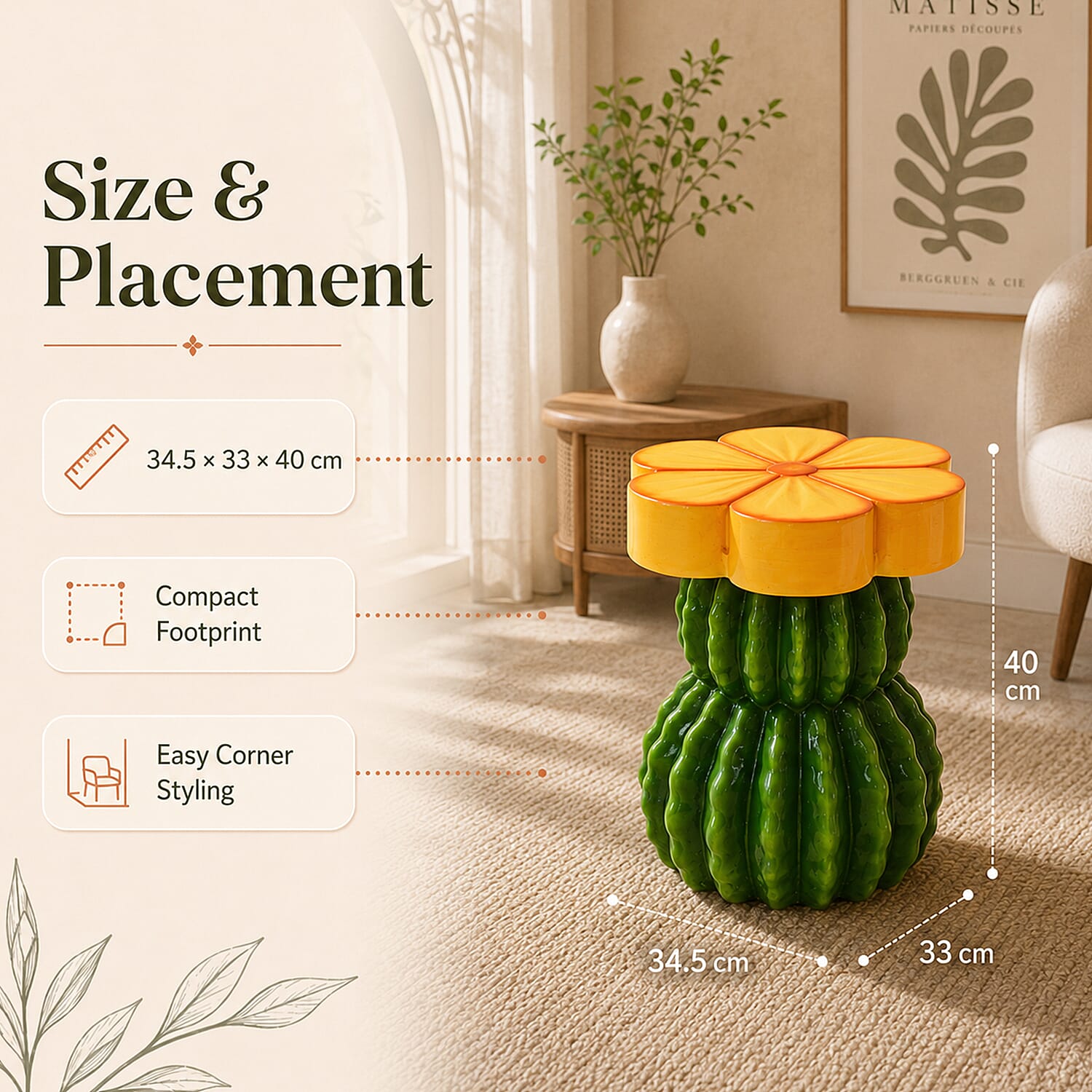 LIVMORE Sculptural Resin Flower Crown on Ribbed Saguaro Cactus Base Stool (34.5x33x40cm) - Yellow & Green