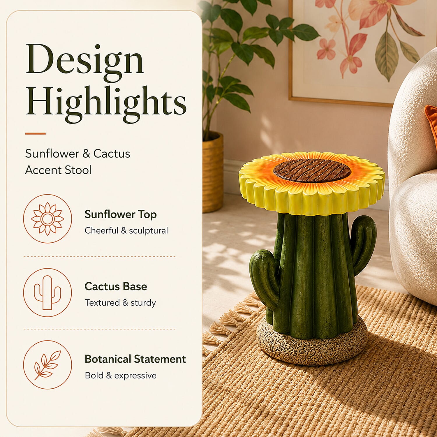 LIVMORE Sculptural Resin Sunflower & Cactus Accent Stool (32x32x42.5cm) - Yellow & Green