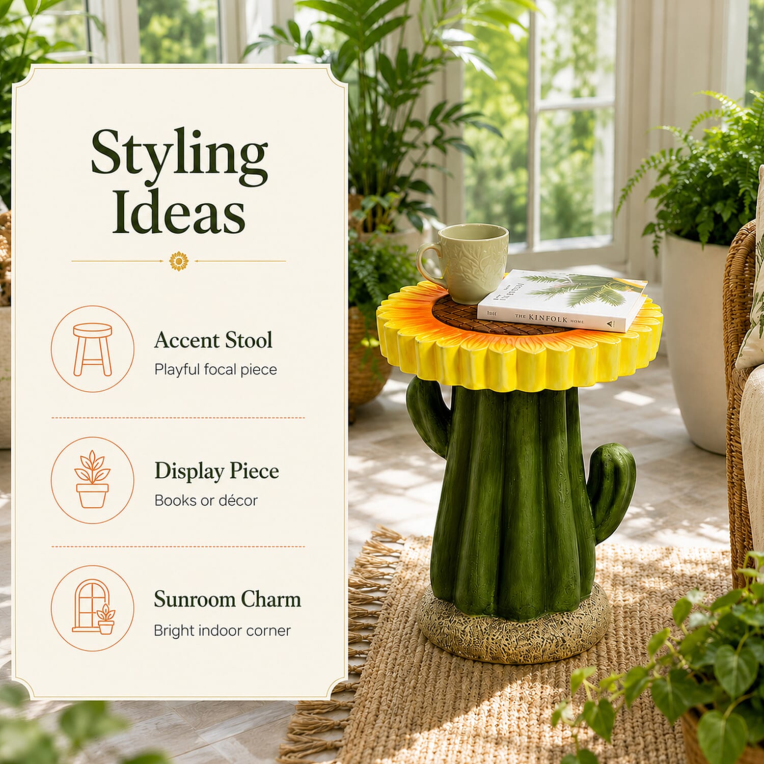 LIVMORE Sculptural Resin Sunflower & Cactus Accent Stool (32x32x42.5cm) - Yellow & Green