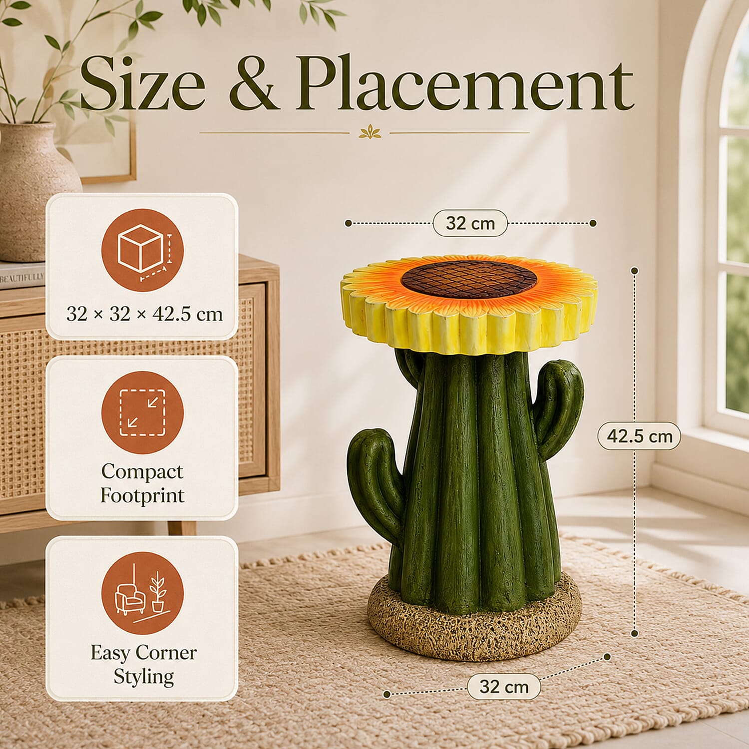 LIVMORE Sculptural Resin Sunflower & Cactus Accent Stool (32x32x42.5cm) - Yellow & Green