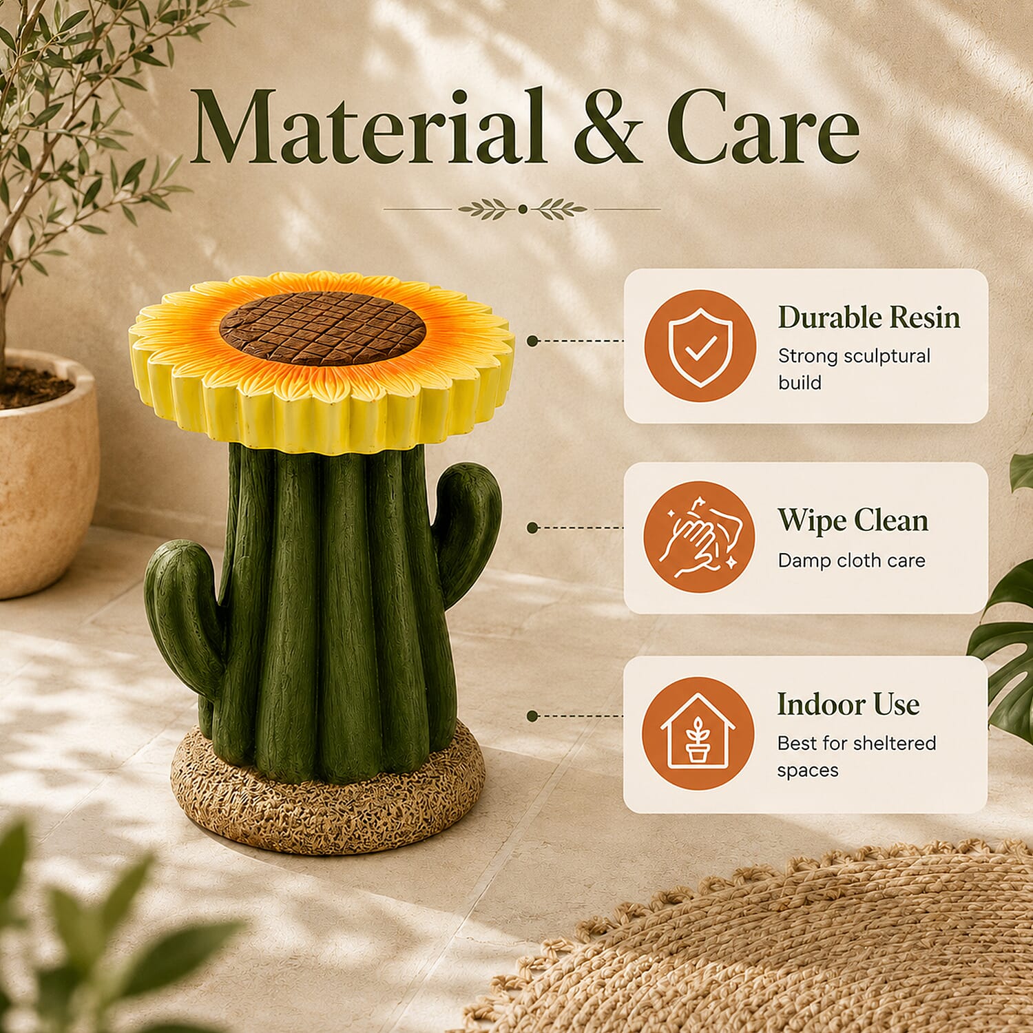 LIVMORE Sculptural Resin Sunflower & Cactus Accent Stool (32x32x42.5cm) - Yellow & Green