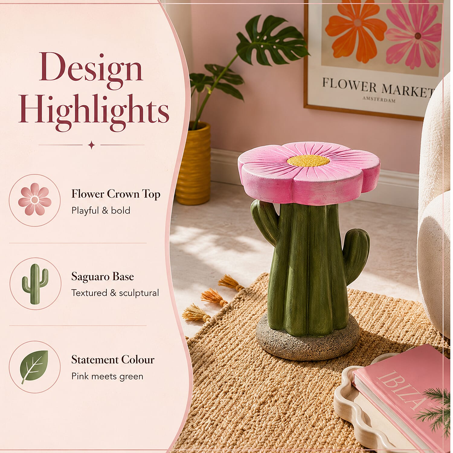 LIVMORE Sculptural Resin Flower Crown on Ribbed Saguaro Cactus Base Stool (32.5x32.5x42cm) - Pink