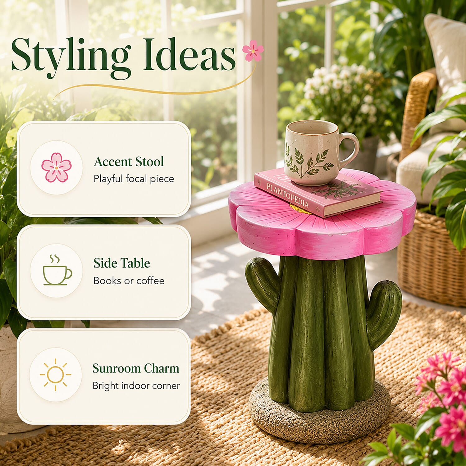 LIVMORE Sculptural Resin Flower Crown on Ribbed Saguaro Cactus Base Stool (32.5x32.5x42cm) - Pink
