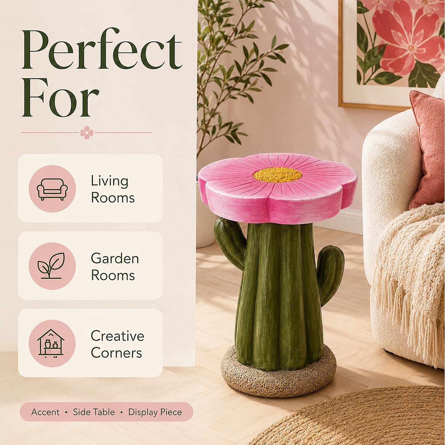 LIVMORE Sculptural Resin Flower Crown on Ribbed Saguaro Cactus Base Stool (32.5x32.5x42cm) - Pink