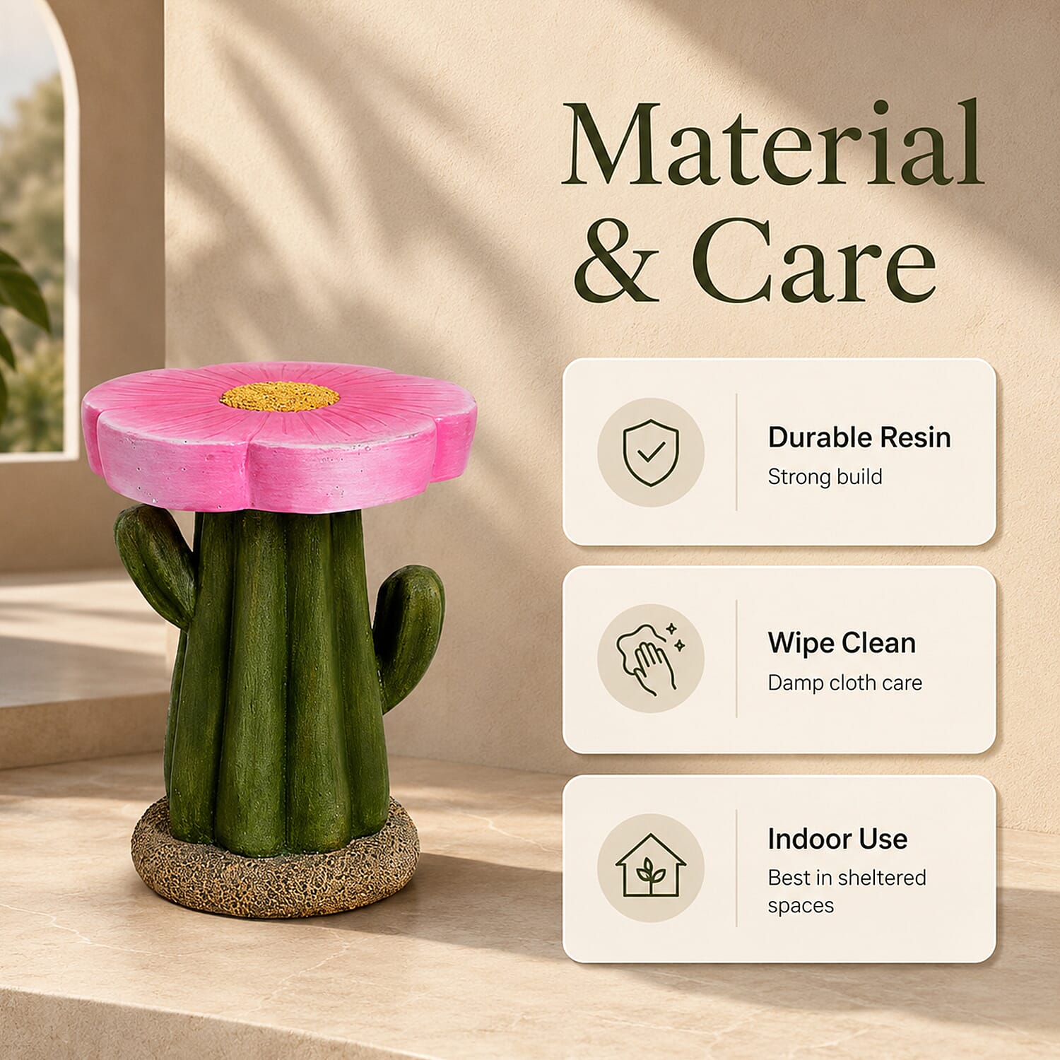 LIVMORE Sculptural Resin Flower Crown on Ribbed Saguaro Cactus Base Stool (32.5x32.5x42cm) - Pink