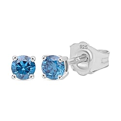 LUXURIANT Lab Grown Blue Diamond Solitaire Stud Earrings in Rhodium Overlay Sterling Silver (VS)