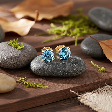 Luxuriant 9K Yellow Gold SGL Certified VS Lab Grown Blue Diamond Solitaire Stud Push Post Earring 2.07 Ct.