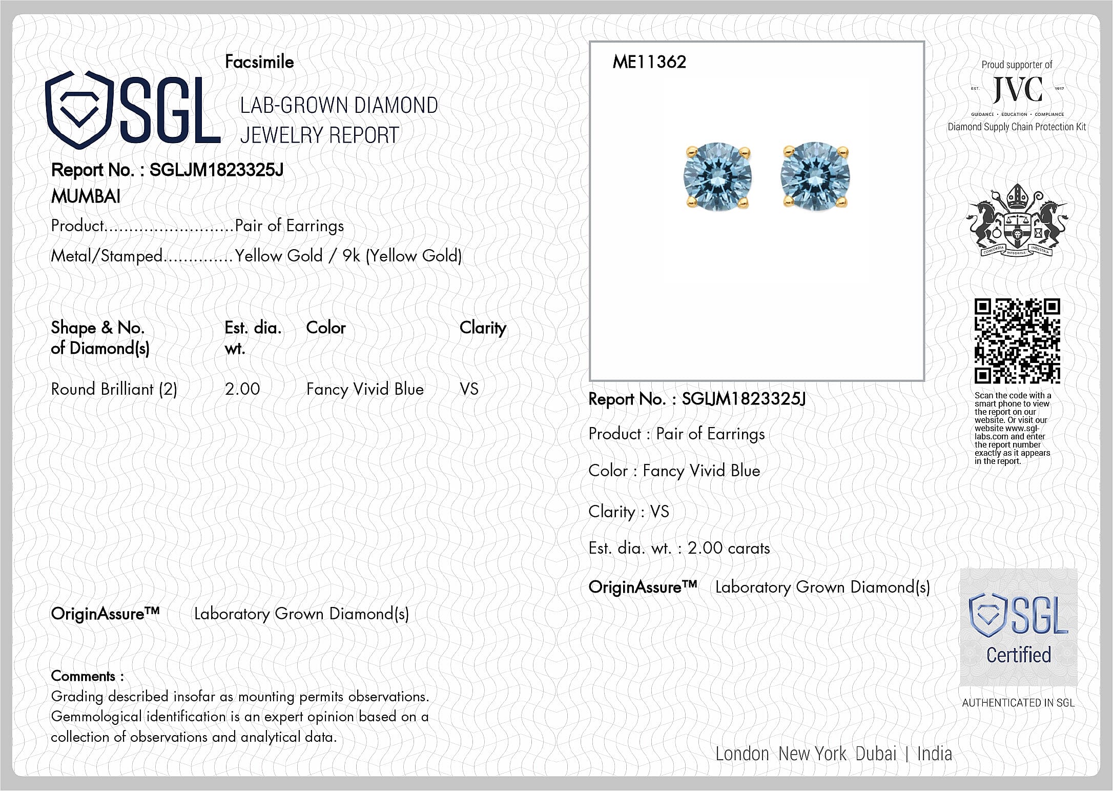 Luxuriant 9K Yellow Gold SGL Certified VS Lab Grown Blue Diamond Solitaire Stud Push Post Earring 2.07 Ct.