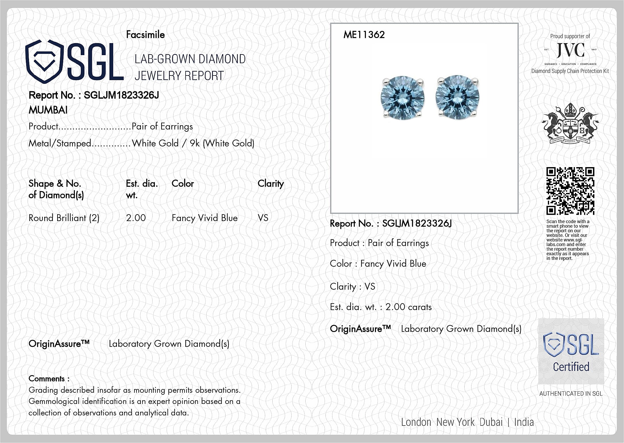 Luxuriant 9K White Gold SGL Certified VS Lab Grown Blue Diamond Solitaire Push Post Earring 2.07 Ct.