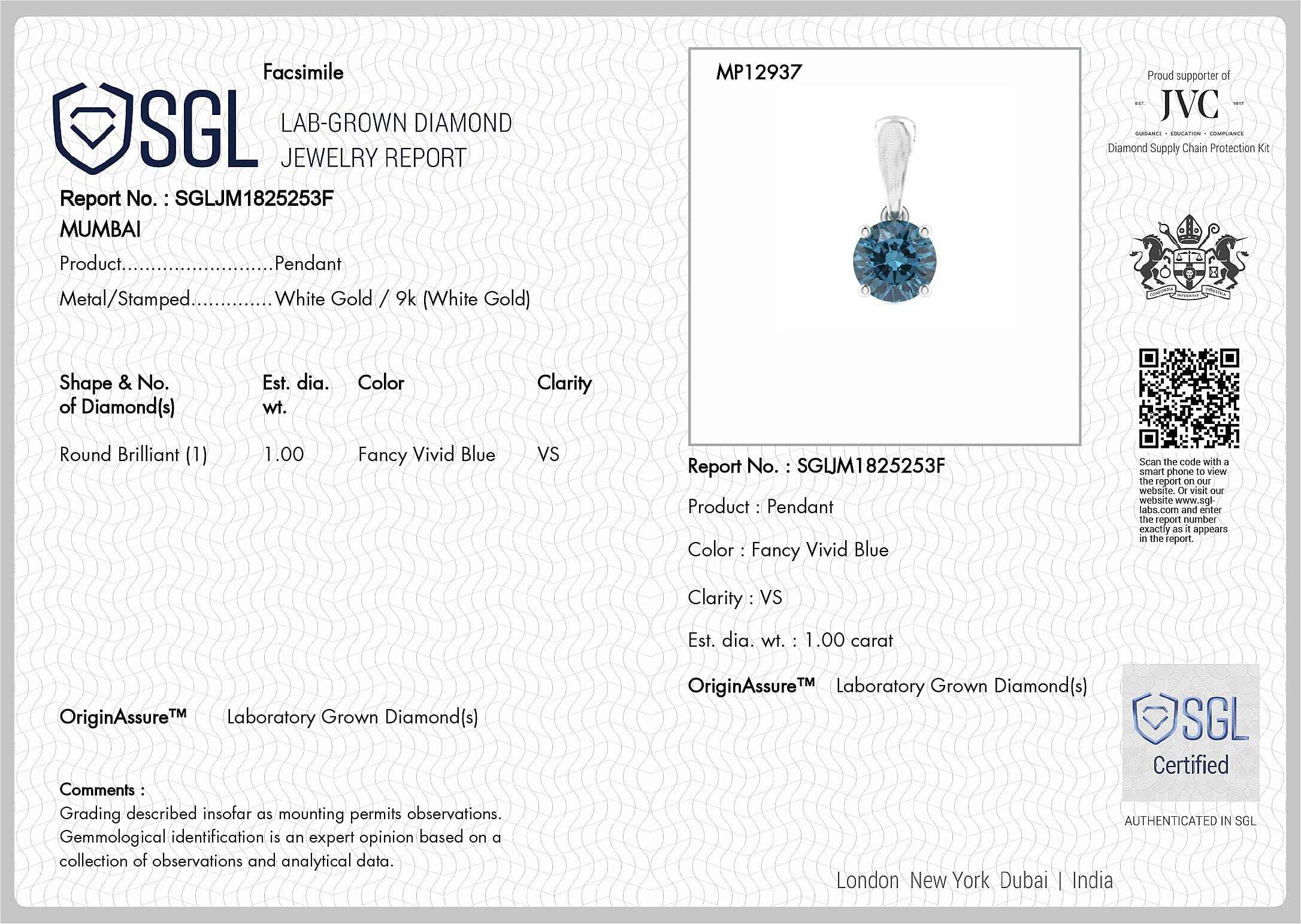 Close Out Deal - Luxuriant 9K White Gold SGL Certified VS Vivid Blue Lab Grown Diamond Solitaire Pendant 1.00 Ct.