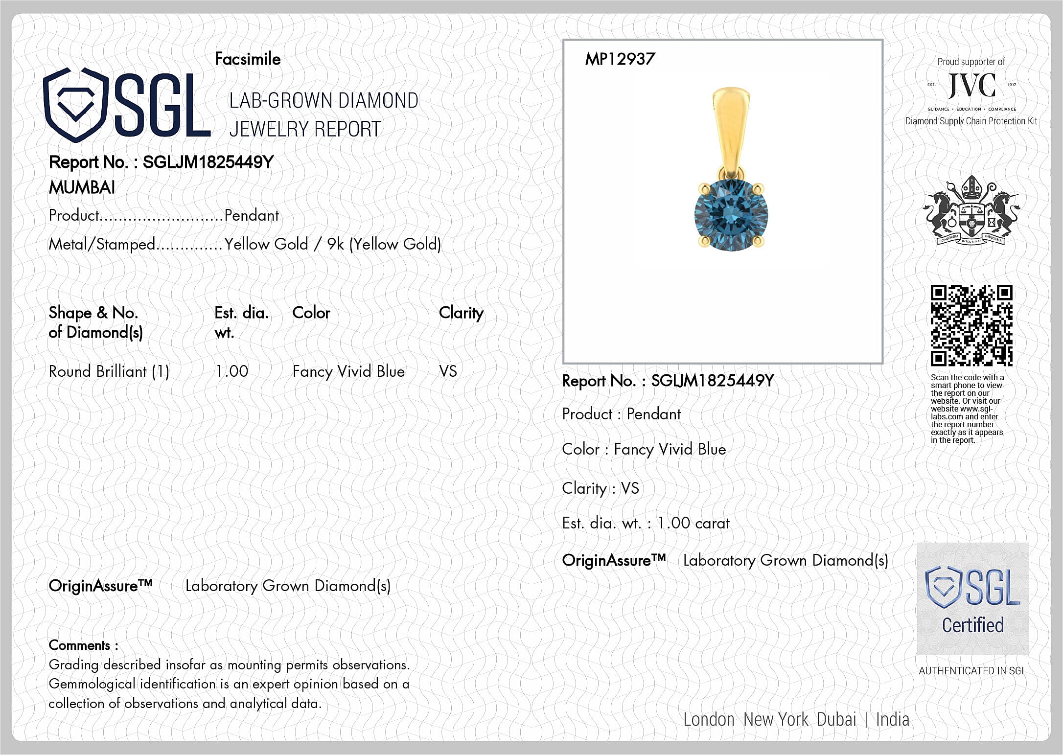 Close Out Deal - Luxuriant 9K Yellow Gold SGL Certified VS Vivid Blue Lab Grown Diamond Pendant 1.00 Ct.