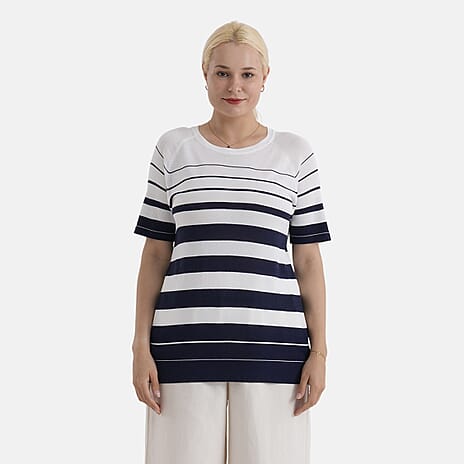 La Marey Knitted Short Sleeve Striped Top (Size M, Fit 12 To 14) - White & Navy Blue