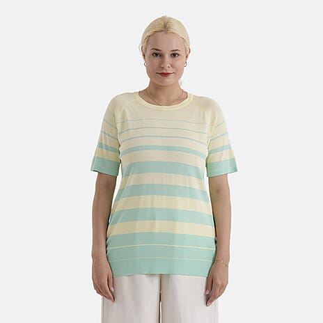 La Marey Knitted Short Sleeve Striped Top (Size XL, Fit 20 To 22) - Yellow & Pastel Green