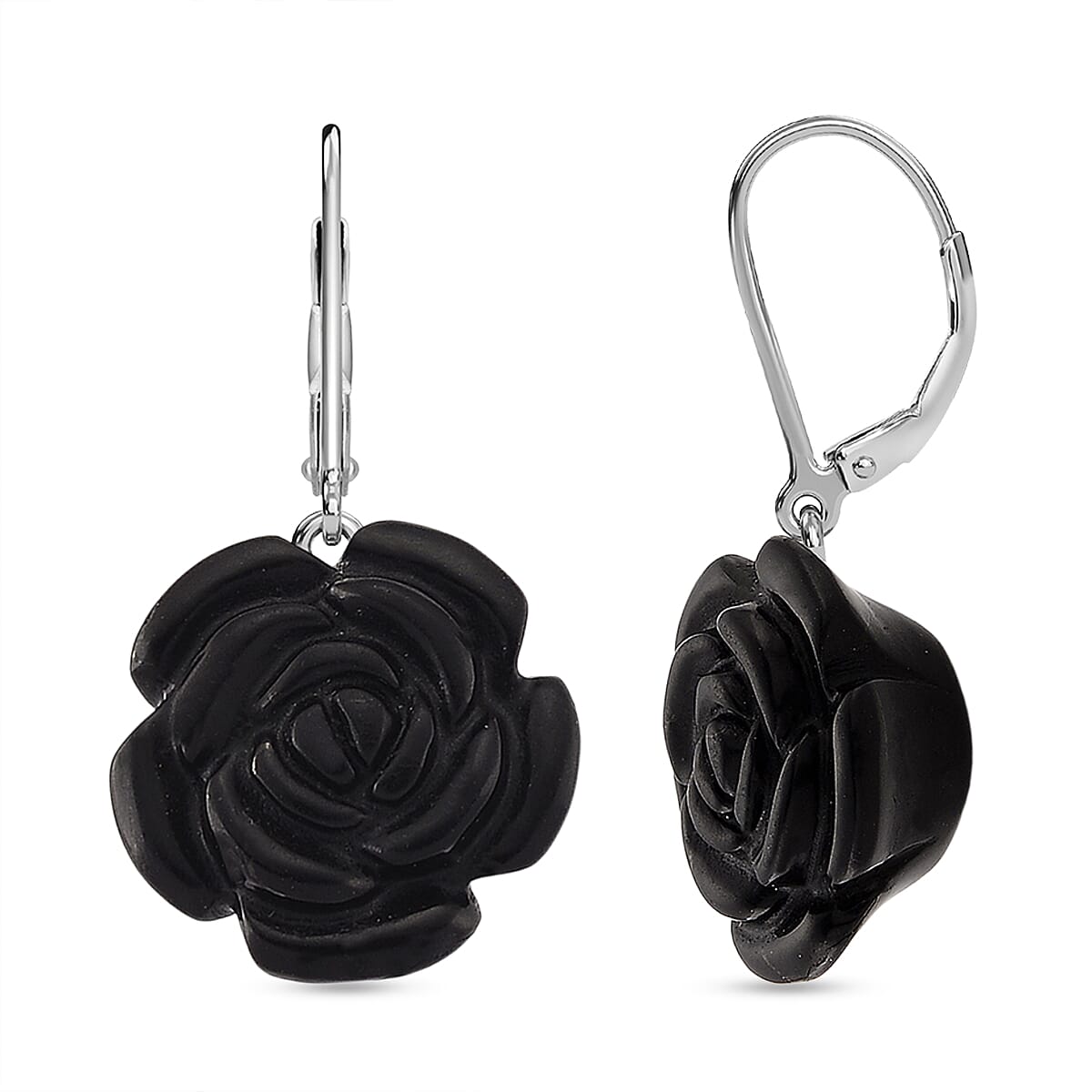 Natural Shungite Floral Carved Earrings with Lever Backs in Rhodium Overlay Sterling Silver 30.00 Ct.