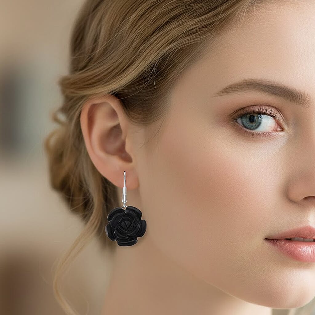 Natural Shungite Floral Carved Earrings with Lever Backs in Rhodium Overlay Sterling Silver 30.00 Ct.