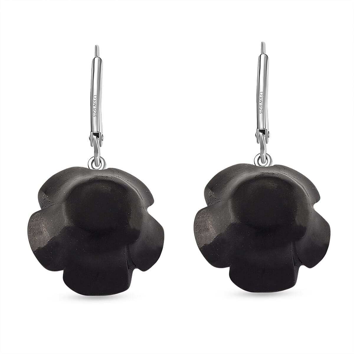 Natural Shungite Floral Carved Earrings with Lever Backs in Rhodium Overlay Sterling Silver 30.00 Ct.