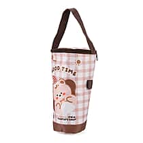 Cute Cartoon Print Insulated Tumbler Travel Mug Bag with Handle & Straw Hole - Coffee & White
