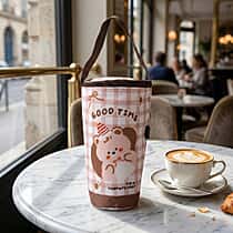 Cute Cartoon Print Insulated Tumbler Travel Mug Bag with Handle & Straw Hole - Coffee & White