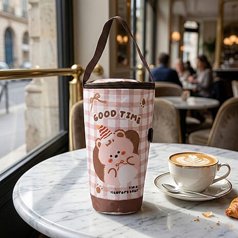 Cute Cartoon Print Insulated Tumbler Travel Mug Bag with Handle & Straw Hole - Coffee & White