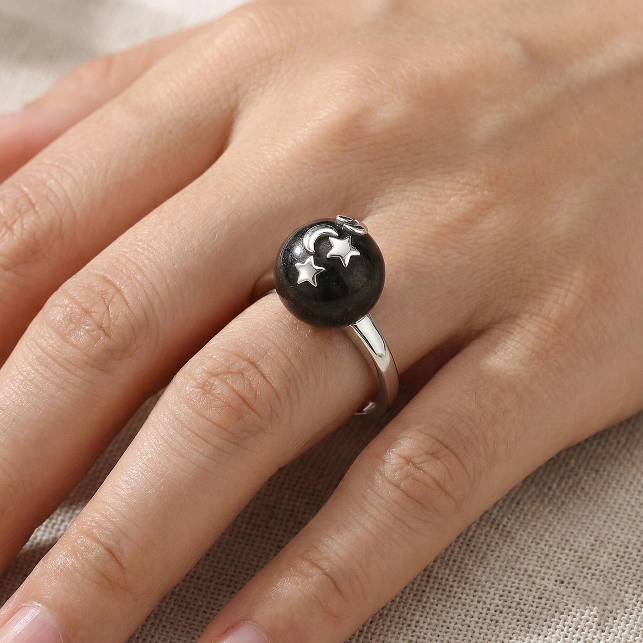 D'Joy - Natural Shungite Celestial Cabochon Ring in Rhodium Overlay Sterling Silver 12.50 Ct