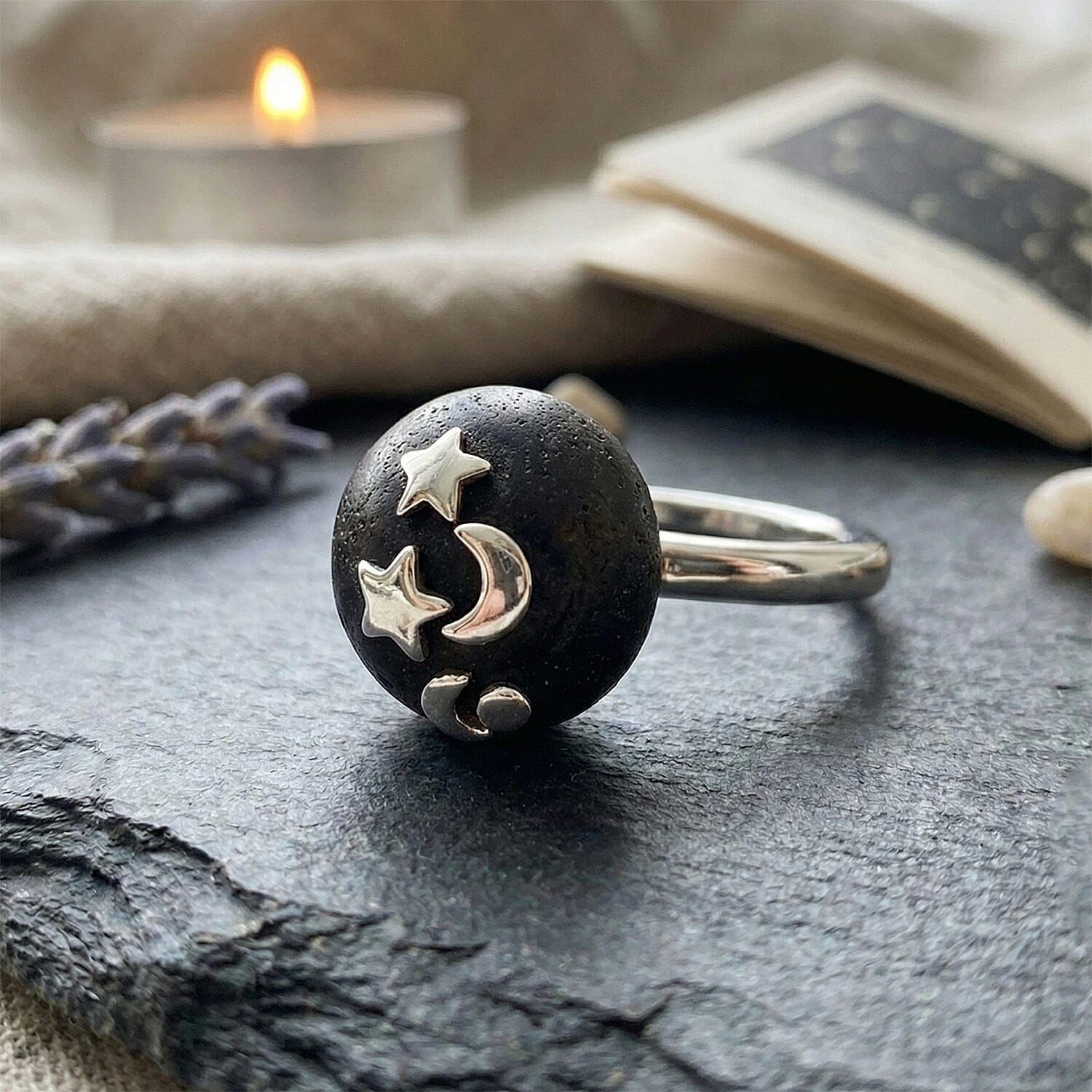 D'Joy - Natural Shungite Celestial Cabochon Ring in Rhodium Overlay Sterling Silver 12.50 Ct