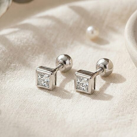 Luxuriant SI-GH Lab Grown Diamond Earring with Screw Back in Rhodium Overlay Sterling Silver