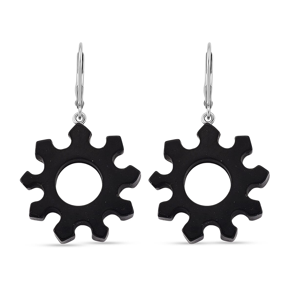 D'Joy Shungite Steampunk Gear Dangle Earring with Lever Back in Rhodium Overlay Sterling Silver 25.00 Ct.