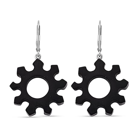 D'Joy Shungite Steampunk Gear Dangle Earring with Lever Back in Rhodium Overlay Sterling Silver 25.00 Ct.