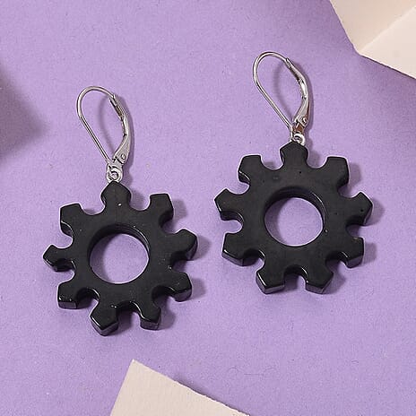 D'Joy - Natural Shungite Steampunk Gear Dangle Earring with Lever Back in Rhodium Overlay Sterling Silver 25.00 Ct.