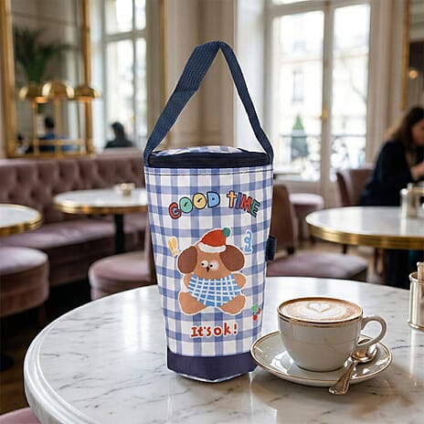 Cute Cartoon Print Insulated Tumbler Travel Mug Bag with Handle & Straw Hole - Navy