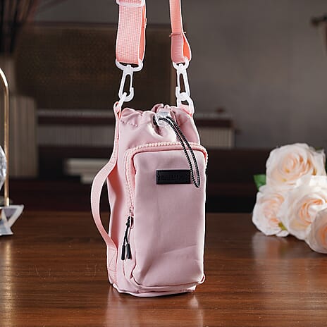 Insulated Style Coffee-Water Bottle Carrier with Wide Crossbody Strap - Pink