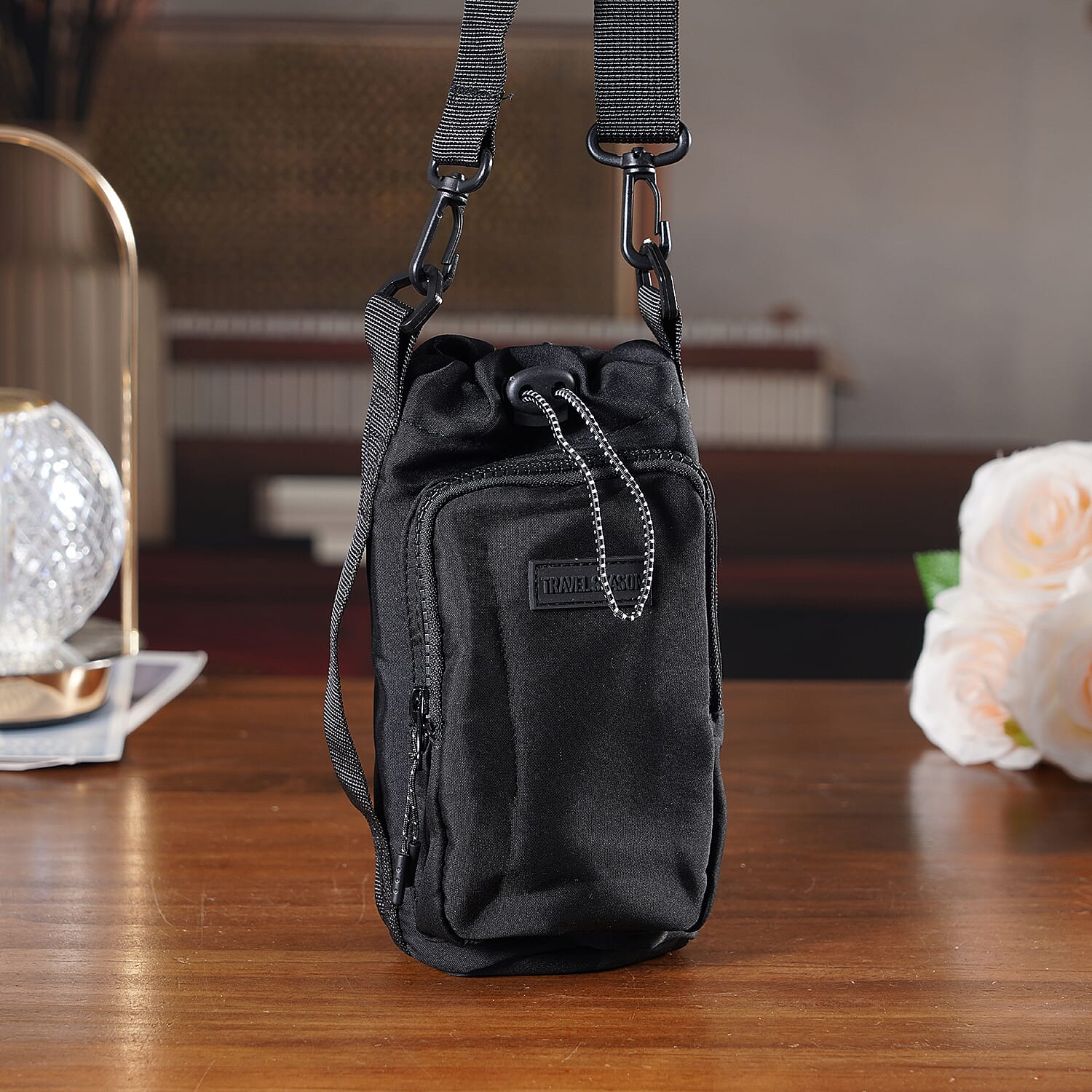 Insulated Style Coffee-Water Bottle Carrier with Wide Crossbody Strap - Black