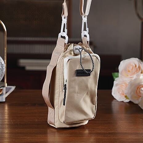 Insulated Style Coffee-Water Bottle Carrier with Wide Crossbody Strap - Beige